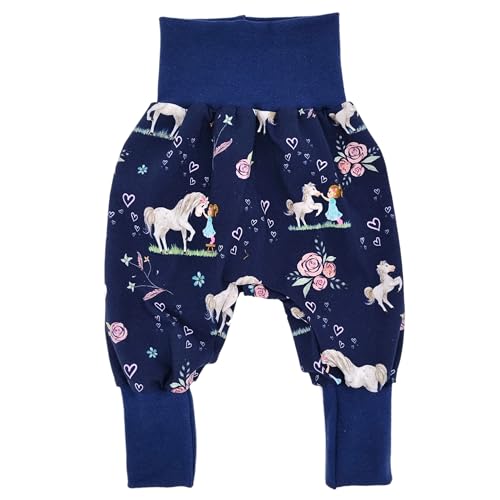 la.nunu Hose für Mädchen - Pferdeliebe Blau 62-68 - Kinderhose aus Baumwolle - Handarbeit - Baby Kinder Pumphose Jogger Jogginghose Haremshose Mitwachshose von la.nunu