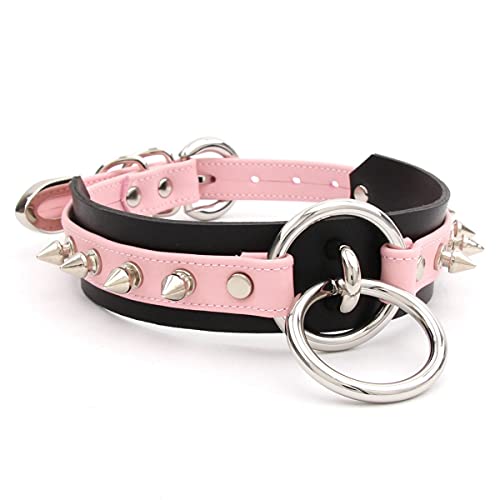 lalatia Damen Halsband O Ring Kunstleder Choker Halskette (Rosa Schwarz Silber Spitznieten) von lalatia