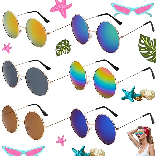 6 Stücke Retro Rund Farbige Hippie Sonnenbrille, 60er 70er Hippie Sonnenbrille Rund, Strand-Retro-Party-Runde Bunte Sonnenbrille, Geeignet Für Alle Arten Von Sommerpartys Und Reisen (Mehrfarbig) von lankai