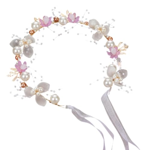 Leryveo Blumenmädchen-Krone, Blumenmädchen-Stirnband für Hochzeit,Handgefertigte elegante Blumen-Tiara mit Perlen - Multifunktionaler Girlanden-Kopfschmuck, tragbares Stirnband für Hochzeit, von leryveo