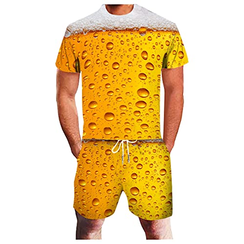 Sommer Sportanzug Herren Kurz 2 Teiliges Outfit Jogginganzug 3D Bier Bedruck Trainingsanzug Freizeit Zweiteiliger Anzug Kurzarm Rundhals Shirt und Kurze Shorts mit Kordelzug T-Shirt Herren Set von liaddkv