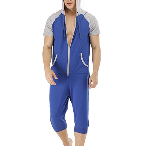 liaddkv Jumpsuit Herren Kurz Nachtwäsche Overall Pyjamashorts Jogginghose Kurze Hose Overall Männer Kapuze Sommer Jumpsuit Schlafanzug Jogginganzug Onesie Casual Latzhose Arbeitshose von liaddkv