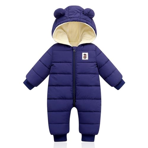 linboo Baby Winter Overall mit Kapuze Kleinkind Strampler Schneeanzug Jungen Mädchen Plüsch Jumpsuit Verdickter Outdoor Outfits, Marine Blau, 90 von linboo