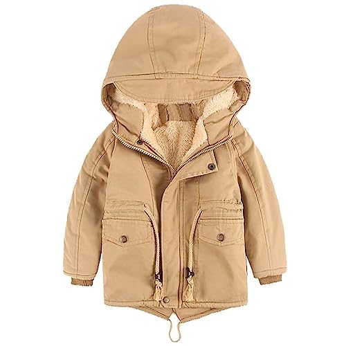 linboo Kinder Winterjacke Jungen Mädchen Warm Gefütterte Blouson Hoodie Dicke Mantel Parka Baby Wintermäntel, Khaki, 122-128(Etikettengröße: 130) von linboo