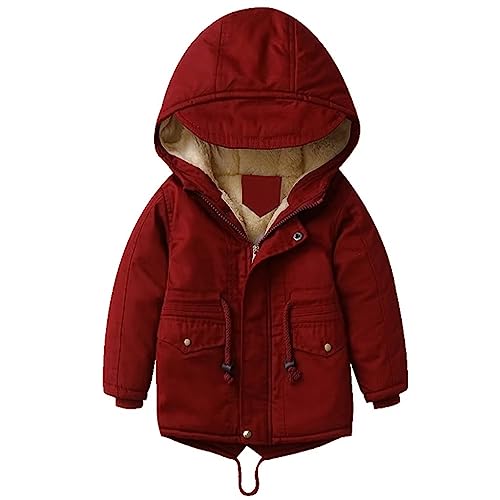 linboo Kinder Winterjacke Jungen Mädchen Warm Gefütterte Blouson Hoodie Dicke Mantel Parka Baby Wintermäntel, Rot, 122-128(Etikettengröße: 130) von linboo