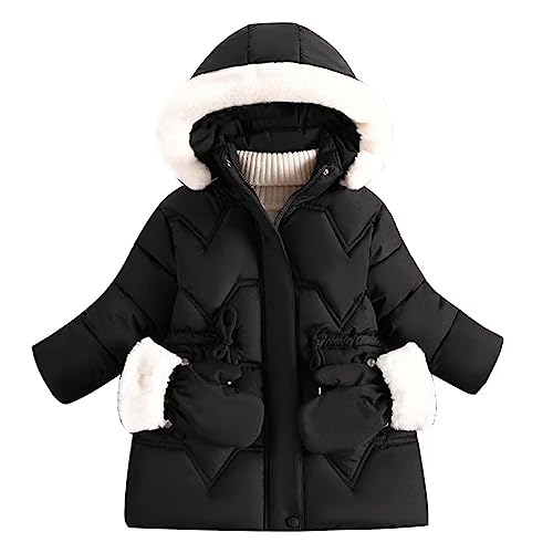 linboo Kinder Winterjacke Mädchen Jacke Gefüttert Warme Wintermantel Outdoor Kapuzenjacke Winddicht Parka mit Plüschhandschuhen Steppjacke, Schwarz, 104-110 von linboo