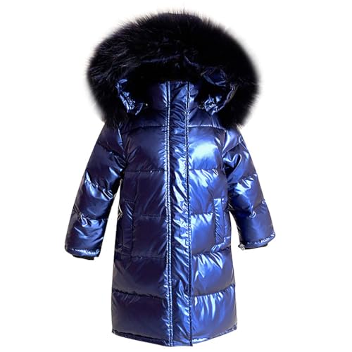 linboo Unisex Kinder Winterjacke Mädchen Winterparka Jungen mit Fellkapuze Outdoor Wintermantel Warme Parka Jacke Dicke Steppjacke Winddicht Baumwolle Jacke, Blau, 116-122 von linboo