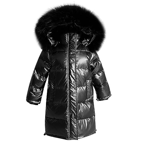 linboo Unisex Kinder Winterjacke Mädchen Winterparka Jungen mit Fellkapuze Outdoor Wintermantel Warme Parka Jacke Dicke Steppjacke Winddicht Baumwolle Jacke, Schwarz, 128 von linboo