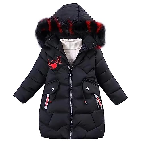 linboo Mädchen Winterjacke Kinder Wintermantel Dicke Steppjacke Lange Warme Parka Baumwolljacke Outdoor Mantel mit Fellkapuze und Love Stickdruck, Schwarz, 122-128 (M) von linboo