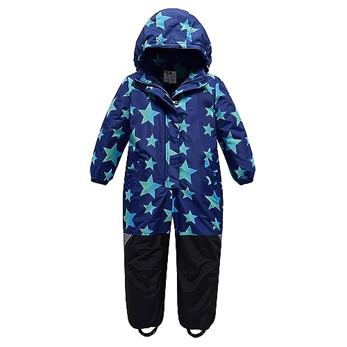 linboo Unisex Kinder Einteiliger Schneeanzüge/Skioverall mit Kapuze Wasserdicht Schneeoverall Verdickte Warm Outdoor Skianzüge Snowboard für Jungen Mädchen, Stern Blau, 122(Etikett:120) von linboo