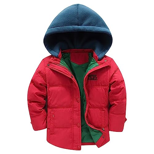 linboo Winterjacke Jungen Daunenjacke mit Abnehmbarer Samt Gestrickt Kapuze Warm Steppjacke Kinder Winter Mantel Dicke Kapuzenjacke, Rot, 116-122 von linboo