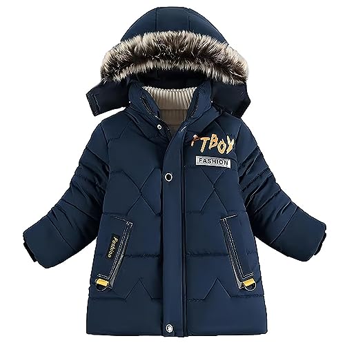 linboo Winterjacke Jungen Kinder Jacke Gefüttert Wintermantel mit Abnehmbare Fellkapuze Dicke Steppjacke Warm Parka Winddicht Outdoorjacke, Blau 01, 116-122 von linboo