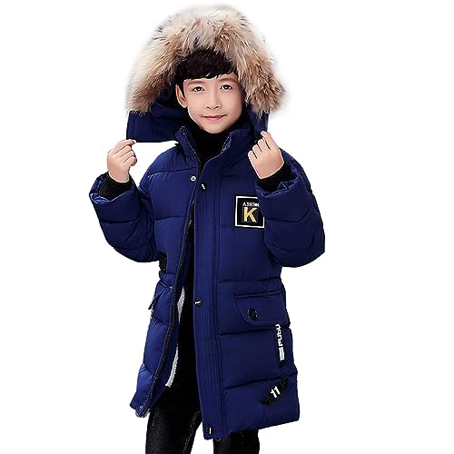 linboo Winterjacke Jungen Kinder Jacke mit Abnehmbare Fellkapuze Dicke Steppjacke Gefüttert Warme Parka Outdoor Winddicht Wintermantel, Blau, 128 von linboo