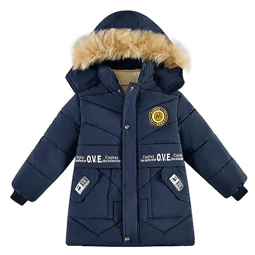 linboo Winterjacke Jungen Kinder Wintermantel mit Abnehmbarer Kapuze Gefütterte Jacke Verdickte Kinderjacke Winddichte Warme Steppjacke, Blau, 116-122 von linboo