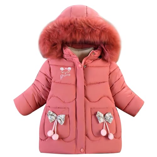 linboo Winterjacke Mädchen Schön Dick Mäntel Warme Jacken mit Fellkapuze Parka Baby Wintermäntel mit Süßen Schleifen & Gedruckt Princess, Rosa Rot, 92-98 von linboo