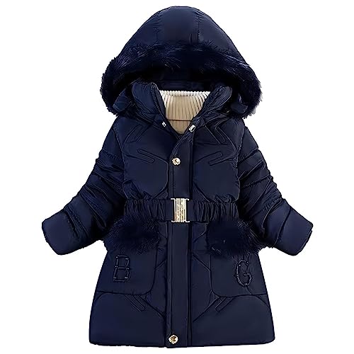 linboo Winterjacke Mädchen Warm Gefüttert Wintermantel mit Fellkapuze Kinder Jacke Winter Mantel Parka mit Plüschtasche und B G Brief, Marineblau, 134-140 von linboo