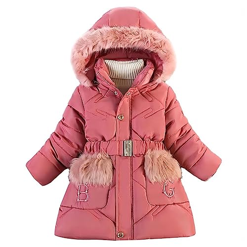 linboo Winterjacke Mädchen Warm Gefüttert Wintermantel mit Fellkapuze Kinder Jacke Winter Mantel Parka mit Plüschtasche und B G Brief, Rosenrot, 134-140 von linboo