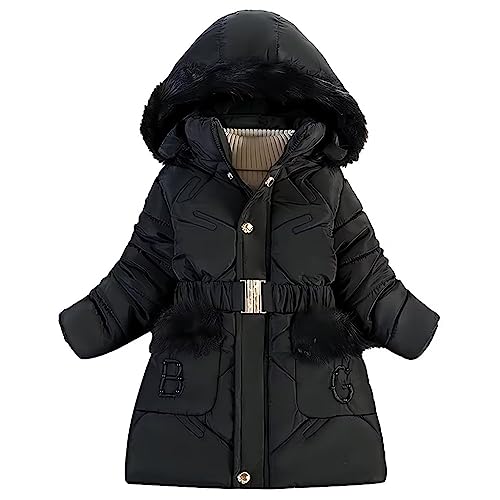 linboo Winterjacke Mädchen Warm Gefüttert Wintermantel mit Fellkapuze Kinder Jacke Winter Mantel Parka mit Plüschtasche und B G Brief, Schwarz, 134-140 von linboo