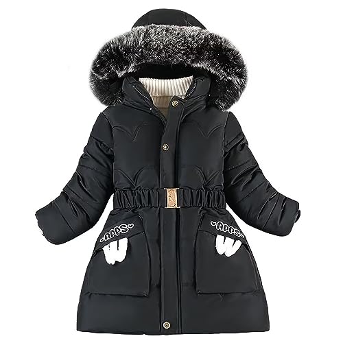 linboo Winterjacke Mädchen Wintermantel Gefütterte Parka Jacke Kinder Outdoor Warme Winterparka mit Fellkapuze, Gürtel, Schwarz, 110-116 von linboo