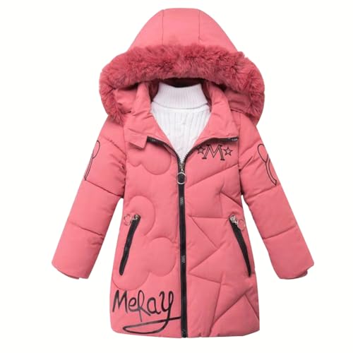 linboo Winterjacke Mädchen Wintermantel mit Abnehmbarer Fellkapuze Warme Lang Mantel Kinder Parka Outdoor Jacke mit Buchstaben und niedliche Muster, Rosa, 134-140 (Label: XXL) von linboo