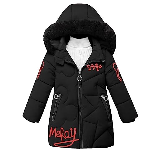 linboo Winterjacke Mädchen Wintermantel mit Abnehmbarer Fellkapuze Warme Lang Mantel Kinder Parka Outdoor Jacke mit Buchstaben und niedliche Muster, Schwarz, 146-152 (Label: 3XL) von linboo