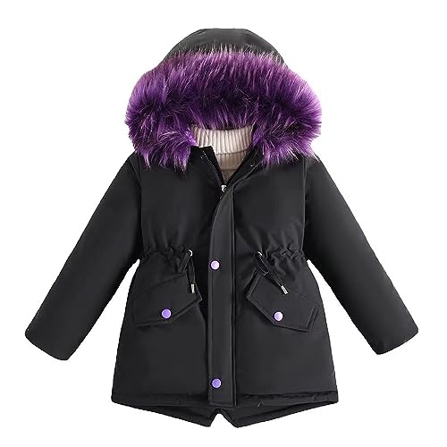 linboo Winterjacke Mädchen Winterparka Gefüttert Warme Jacke Kinder Wintermantel Outdoor Winddich Parka mit Fellkapuze, Schwarz, 134-140 von linboo