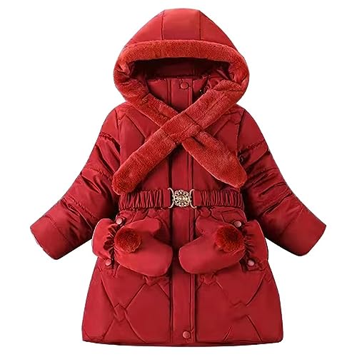 linboo Winterjacke Mädchen Winterparka Gefüttert Warme Wintermantel Kinder Jacke Outdoor Winddicht Parka Winter mit Kapuze, Hals, Gürtel, Handschuhe, Rot, 146-152 von linboo