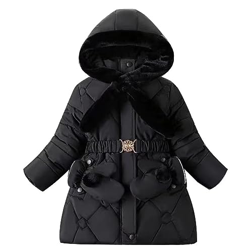 linboo Winterjacke Mädchen Winterparka Gefüttert Warme Wintermantel Kinder Jacke Outdoor Winddicht Parka Winter mit Kapuze, Hals, Gürtel, Handschuhe, Schwarz, 104-110 von linboo