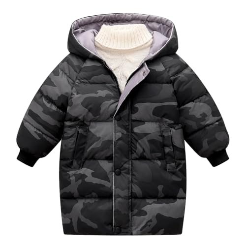 linboo Winterjacke für Kinder Mädchen Jungen Parka Mäntel mit Kapuze Warm Jacke Verdickte Wintermantel Winddichte Outdoor Kapuzenjacke, Camouflage schwarz, 134-140 von linboo