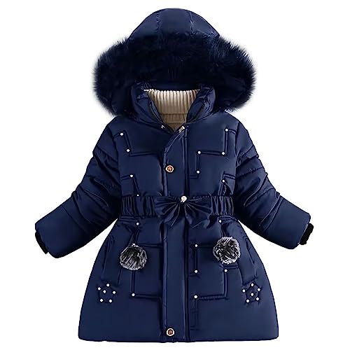 linboo Wintermantel Mädchen Winterjacke Kinder Warm Fleece Mäntel Verdickte Baumwolle Gefütterte Jacke Klassische Parka mit Nieten, Gürtel, Bögen, Marineblau, 110-116 von linboo