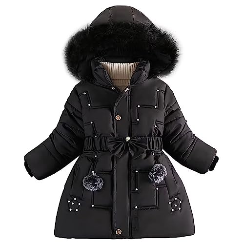 linboo Wintermantel Mädchen Winterjacke Kinder Warm Fleece Mäntel Verdickte Baumwolle Gefütterte Jacke Klassische Parka mit Nieten, Gürtel, Bögen, Schwarz, 122-128 von linboo