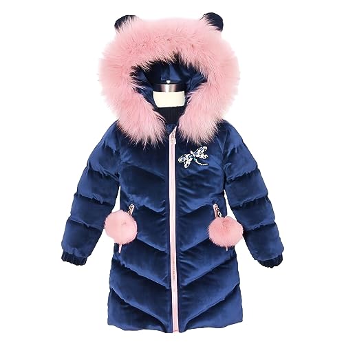 linboo Wintermantel Mädchen Winterjacke mit Fellkapuze Kinder Steppjacke Warm Fleece Mäntel Verdickte Baumwolle Jacke Outerwear, Blau, 104-110 von linboo