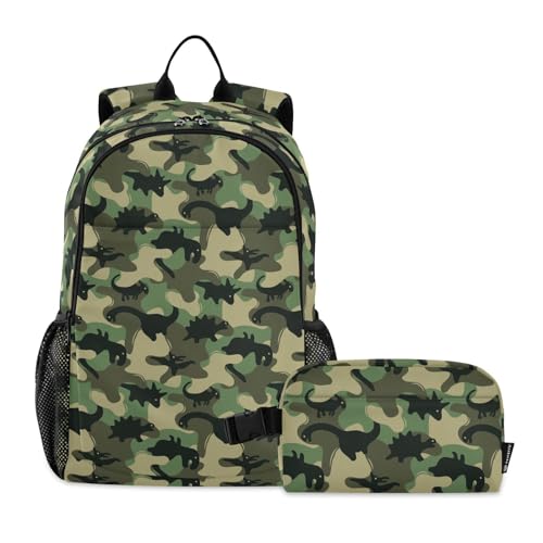 linqin Camouflage Dinosaurier Rucksack mit Lunchbox für Jungen Schultasche und Lunchbox Set für Jungen Büchertaschen für Jungen mit Lunchtasche 10-12 von linqin