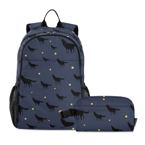 linqin Wolf Schwarz Blau Rucksack mit Lunchbox für Jungen Jungen Schulrucksack mit Lunchbox Jungen Rucksäcke und Lunchbox Alter 8-10 Jahre alt von linqin