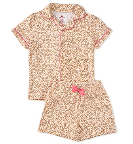 little label - Kinder Schlafanzug Mädchen 110-116 (6Y) - Shortama mit Knöpfen - Sommer Pyjama Mädchen Kurz - Weiß Orange Leopard-Print - Bio-Baumwolle von little label