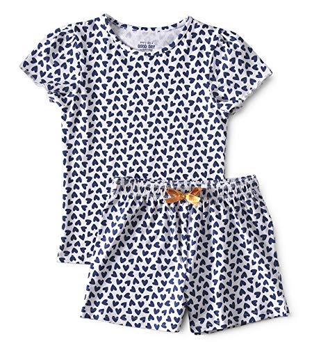 little label - Kinder Schlafanzug Mädchen 170-176 (16Y) - Shortama - Sommer Pyjama Mädchen Kurz - Blau Herzen-Print - Bio-Baumwolle von little label