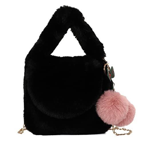 Herbst Winter Handytasche mit Pompon Anhänger Crossbody Handtaschen Weiche Plüsch Flauschige Fellkette Klein for Reisen Mädchen Klappentaschen, Schwarz von liuduo