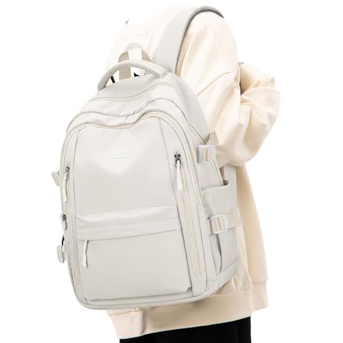 Schulrucksack Mädchen Schulranzen Teenager Jungen Wasserdicht Laptop Rucksack Schule 14 Zoll Lässig Daypack Backpack für Damen Herren Beige von livbote