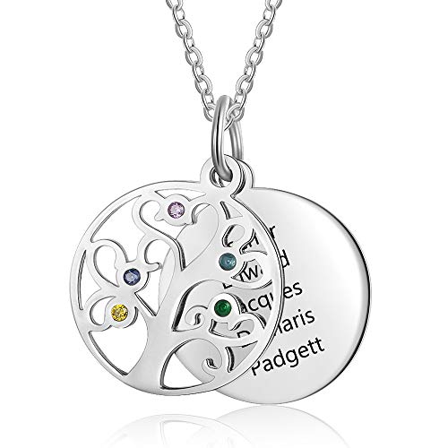 lorajewel Namen Kette Damen Baum des Lebens Anhänger 925 Silber mit Kristalle Schmuck mit 5 Namen Gravur Geschenke für Mama Oma Sie Frauen Freundin von lorajewel