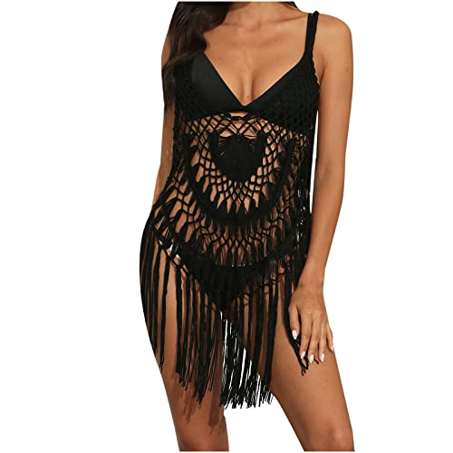 luoluoluo Damen Strand Häkel-Top Boho Einfarbig Aushöhlen Fransen Bikini Cover Up Sexy V-Ausschnitt Strick Bademode Beachkleider von luoluoluo