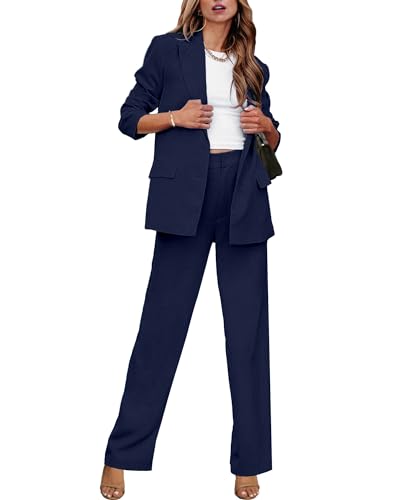 luvamia 2-teiliges Outfit für Damen, elegante Blazer, Jacken, hohe Taille, gerades Bein, Hosen-Anzüge, Set, Business, Freizeit, Büro, Marineblau, Mittel von luvamia