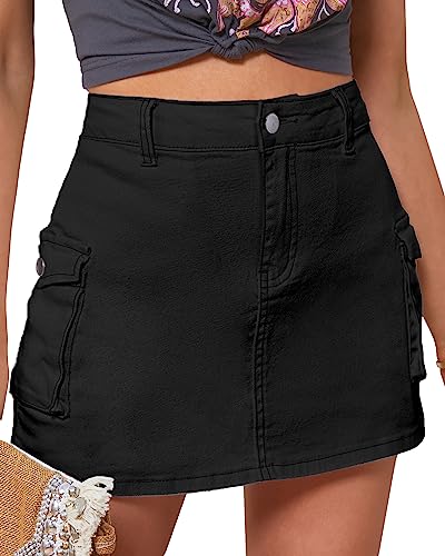 luvamia 2023 Cargo Shorts für Frauen Casual Sommer Skorts Röcke Hohe Taille Mini Kurzer Rock mit Taschen Y2K, Schwarz, X-Groß von luvamia