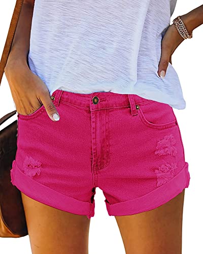 luvamia 2024 Jeans-Shorts für Damen, mittelhohe Taille, lässig, zerrissene, dehnbare Denim-Shorts, Y2K, gefalteter Saum, kurze Hotpants, Knallpink (Hot Pink), XX-Large von luvamia