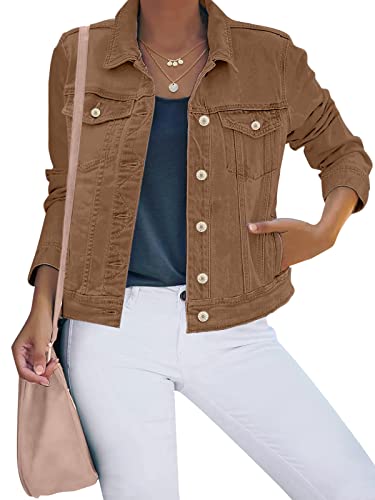 luvamia Damen-Jeansjacke mit Knopfleiste, Stretch, enganliegend, lange Ärmel, Denim-Jacke, Braun, 3XL von luvamia