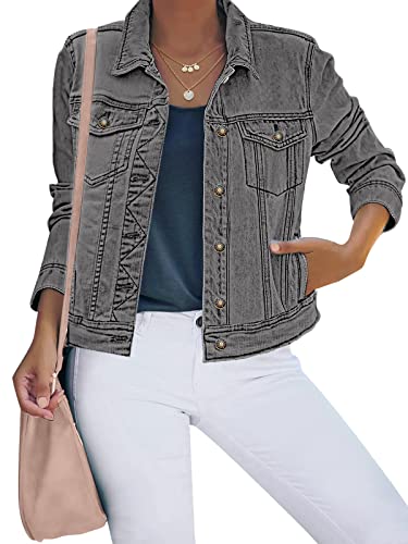 luvamia Damen-Jeansjacke mit Knopfleiste, Stretch, enganliegend, lange Ärmel, Denim-Jacke, Grau, M von luvamia