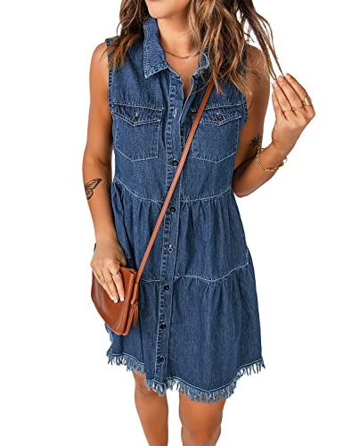 luvamia Damen Casual Sommer Revers Ärmellos Button Down Short Denim Jeans Kleid, Kobaltblau, Mittel von luvamia