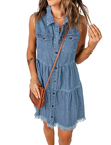 luvamia Damen Casual Sommer Revers Ärmellos Button Down Short Denim Jeans Kleid, Lagoon Blue, X-Groß von luvamia