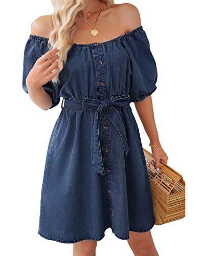 luvamia Denim-Kleid für Damen, schulterfrei, Puffärmel, elastische Taille, A-Linie, kurzes Western-Jeanskleid mit Gürtel, Lapis Longing, Klein von luvamia