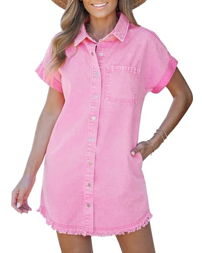 luvamia Jeanskleid für Damen, Knopfleiste, kurze Ärmel, lässiger Sommer, Jeans-Shirt-Kleider mit Taschen, ausgefranstem Saum, Pink - Aurora Pink, XX-Large von luvamia