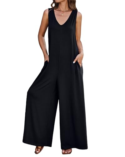 luvamia Jumpsuit für Damen, lässig, ärmellos, weites Bein, Overall, Baggy, lockerer Einteiler, Pullover mit Taschen, Lounge, Schwarz, Medium von luvamia